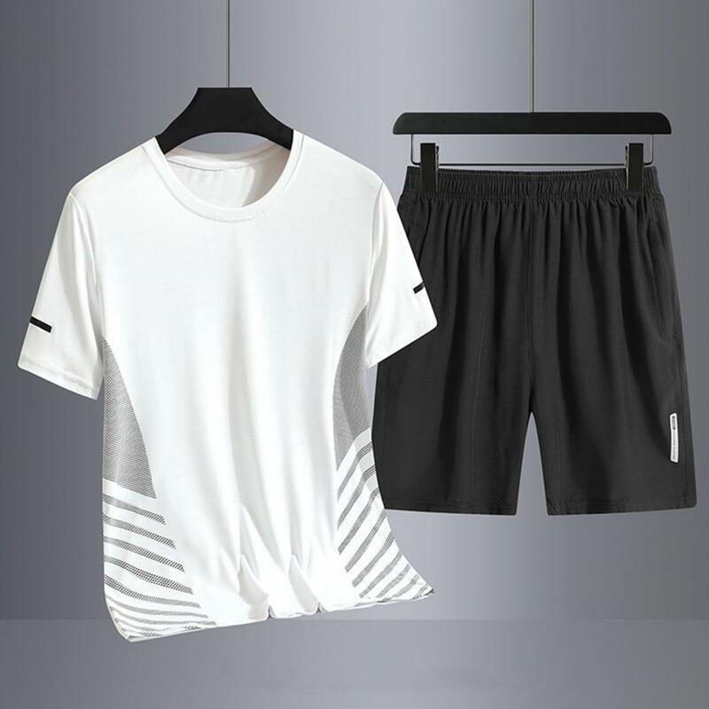 2 Stks/set Mannen Zomer Sport Outfit Print T-Shirt Elastische Taille Wijde Pijpen Shorts Set Sneldrogende Ijs Zijde Basketbal Outfit