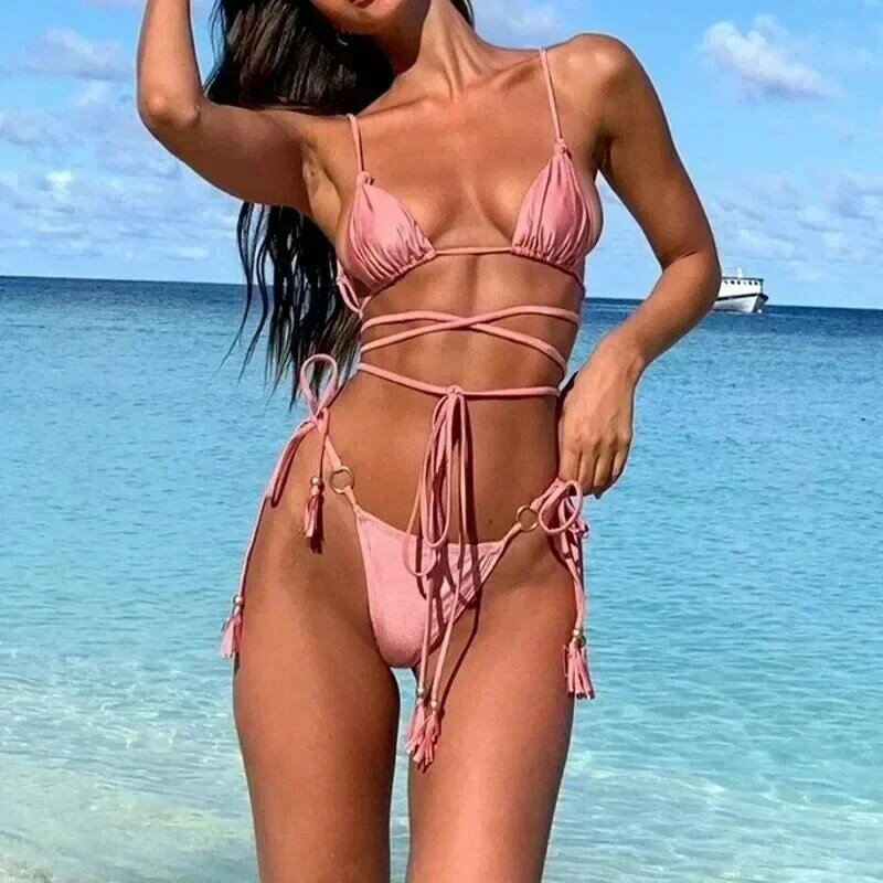 Bikini ahuecado para mujer, traje de baño Sexy con Tanga, conjunto de Bikini con cordón cruzado, ropa de playa 2024