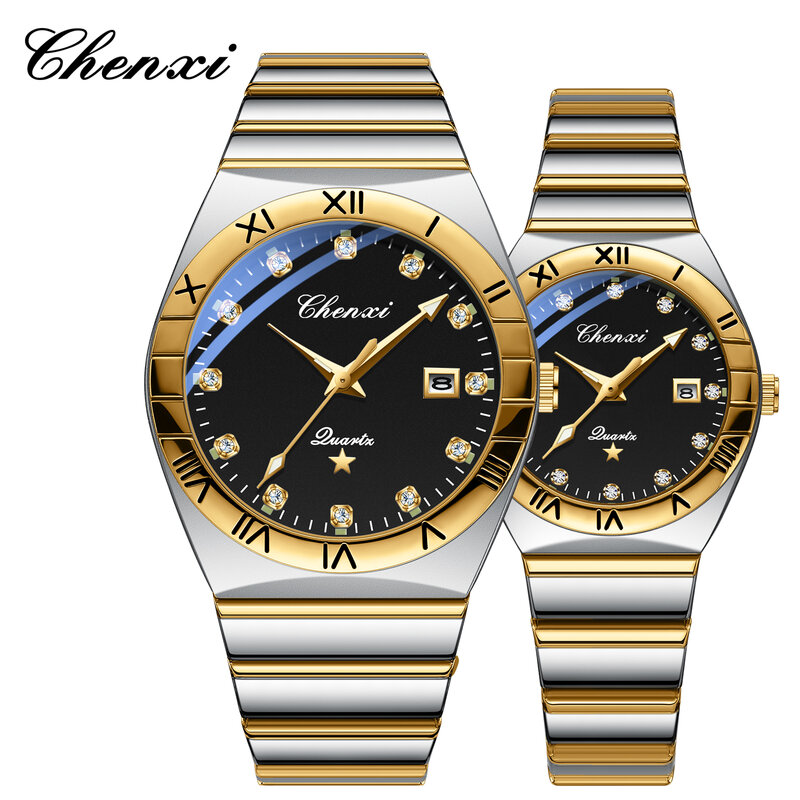 Chenxi-カップルのための高級クォーツ時計、ゴールド、ステンレス鋼、女性の腕時計、高品質、カジュアル、防水、妻への男性ギフト