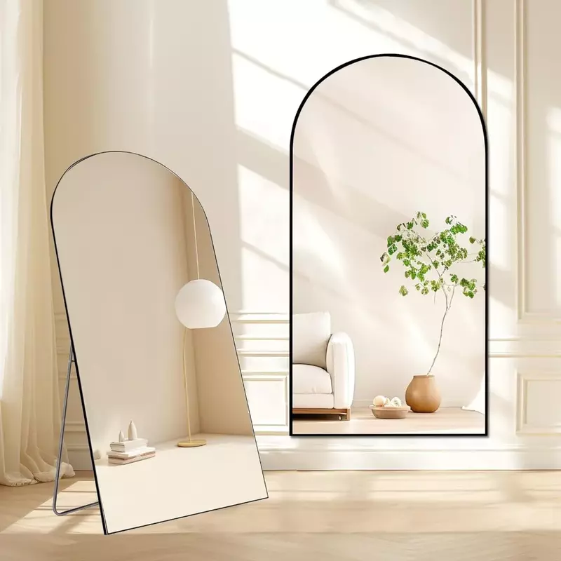 กระจกโค้งยาวเต็มรูปแบบการออกแบบที่ทันสมัยกระจกตั้งพื้นกระจกสำหรับห้องนั่งเล่นห้องน้ำสีดำ (กรอบไม้)