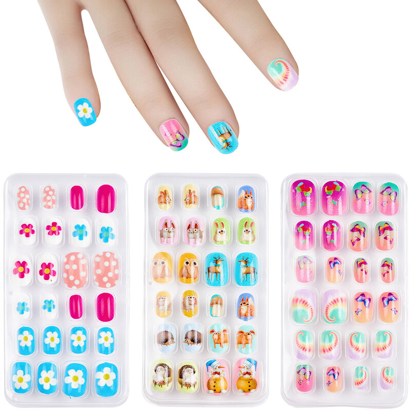 24 Pieces Kids Press on Nails for Girls Fake Nails Emboss Tips Pre Glue Short Stick on Nails for Kids Nails Decoration