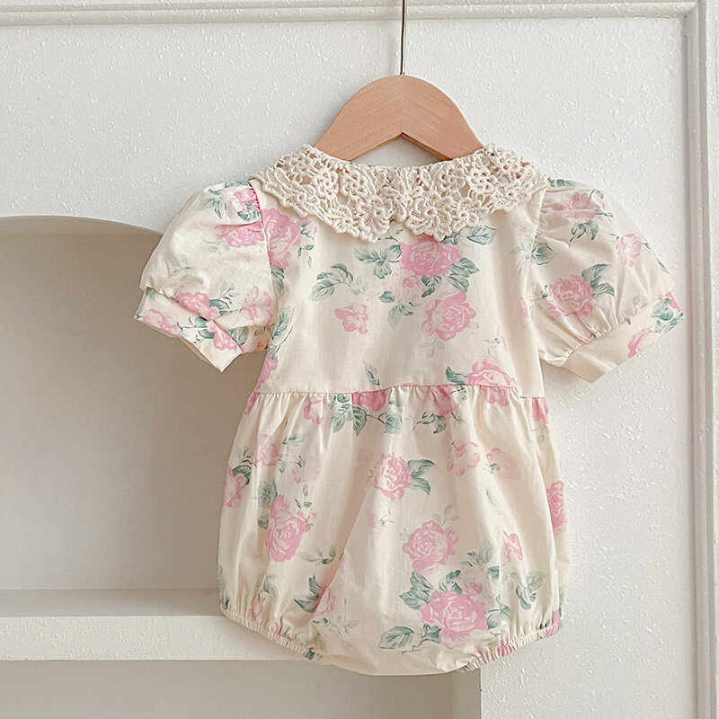 2024 New Summer Sister Clothing Kids Princess Dresses Short Sleeved Cotton Printed Lace Splicing Romper Baby Girl Party Dress