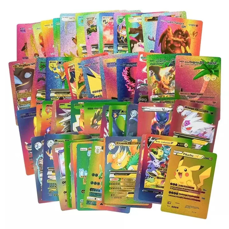 55 buah kartu Foil emas 3D warna-warni Pokemon, Charizard Pikachu Arceus pelangi Inggris Spanyol VSTAR GX VMAX kartu koleksi
