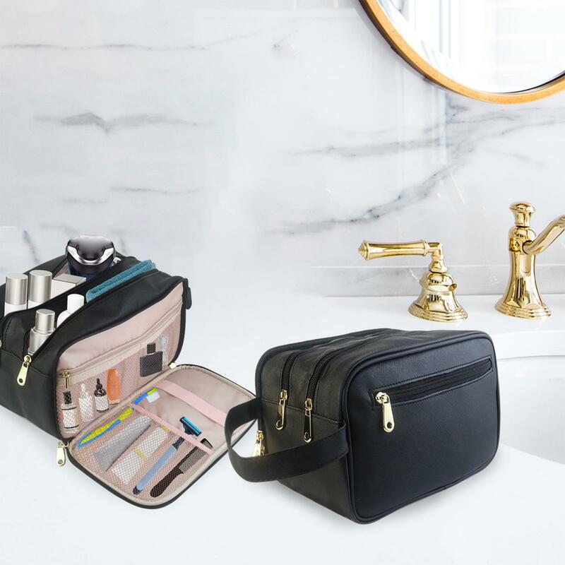 Tas perlengkapan mandi perjalanan kulit PU portabel, wadah Makeup untuk kosmetik Shower kamar mandi