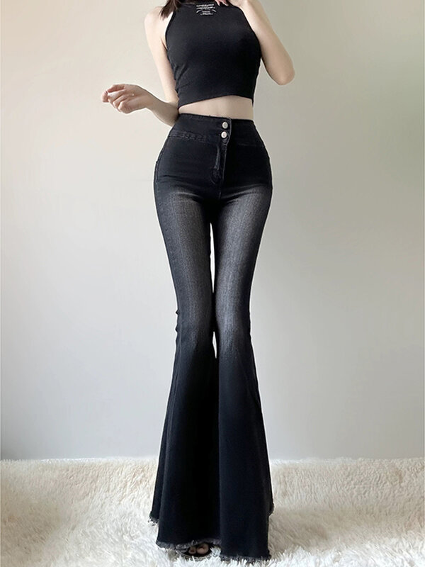 Nowe amerykańskie seksowne, szczupłe jeansy damskie modne na co dzień damskie dżinsy z wysokim stanem Retro czarny proste rozkloszowane spodnie damskie Chicly
