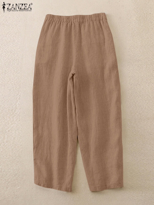 Брюки ZANZEA женские прямые из хлопка и льна, однотонные летние дышащие повседневные брюки оверсайз с эластичным поясом, 2024