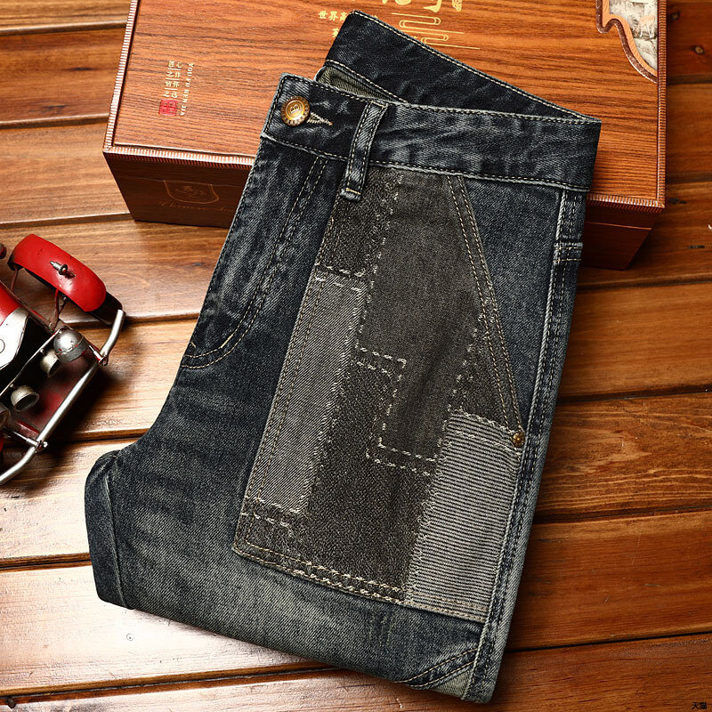 Jeans da moto da uomo cuciture patch fashion street fashion retro high-end stretch personality slim fit skinny pants