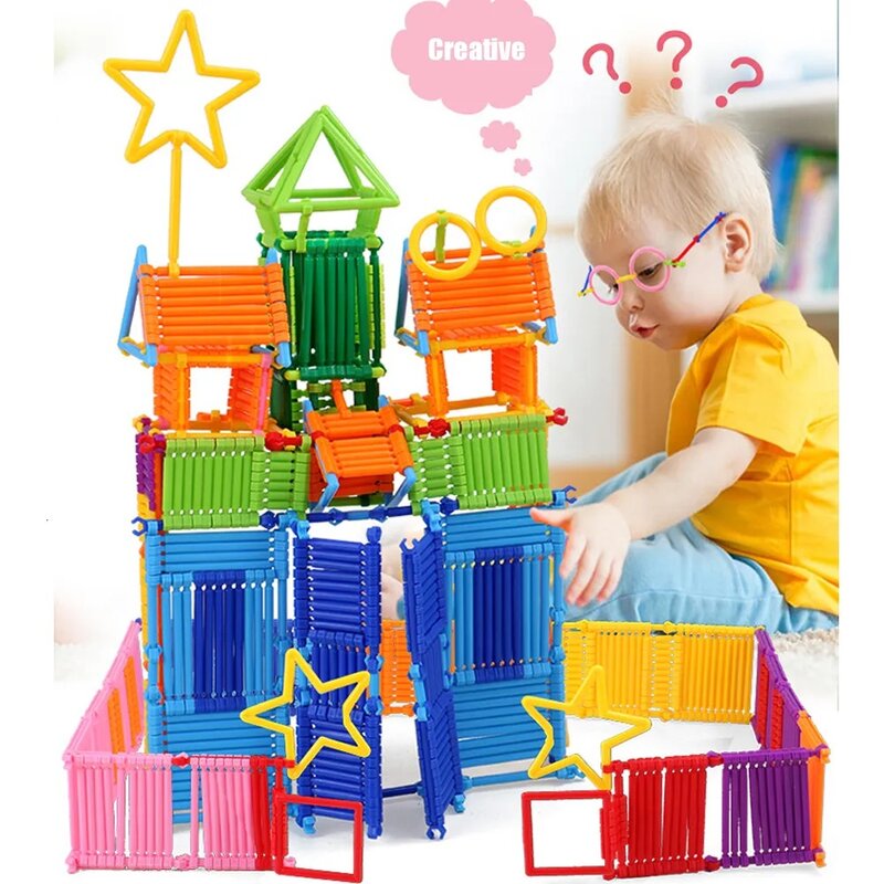 Mainan blok mainan bangunan tongkat pintar montesori plastik ajaib dirakit blok mainan bangunan warna-warni DIY tongkat pintar blok
