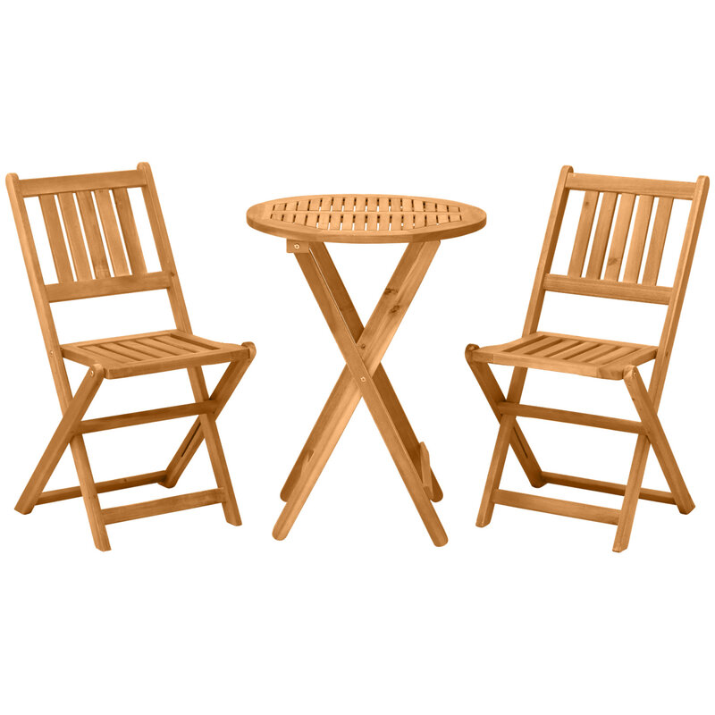 Outsunny 3-Piece Acacia Wood Bistro Set, Folding Patio Furniture with 2 Folding Chairs and Round Coffee Table, Teak, Slatted Fin