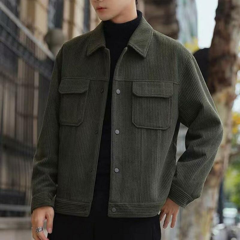 Men Workwear Men's Casual Solid Color Cardigan Jacket with Turn-down Collar Pockets for Fall Winter Loose Warm Thick