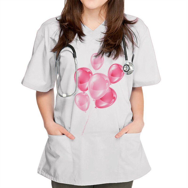 New Balloon Print infermiera uniforme manica corta con scollo a v top uniforme da lavoro stampa camicetta tascabile top uniformi per toelettatura per animali domestici