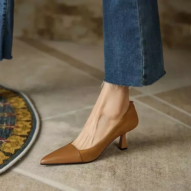 2024 primavera scarpe singole francese superficiale Patchwork scarpe tacco alto donna Casual retrò abbinato colore scarpe in pelle a punta