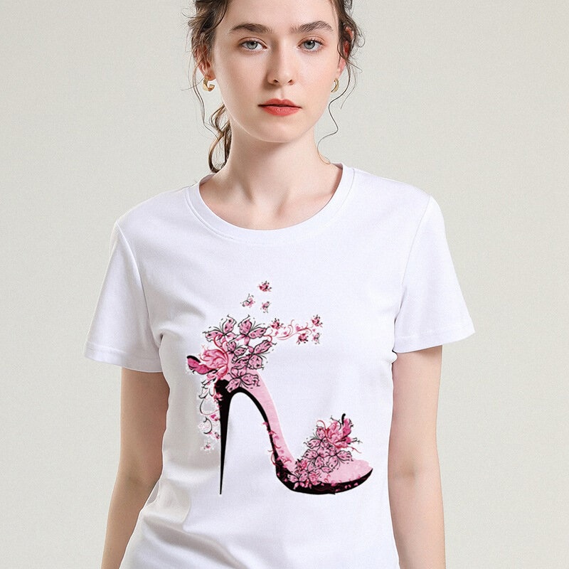 2024 baru estetika sepatu hak tinggi cetak grafis lucu Vintage Lengan Pendek Streetwear T-shirt