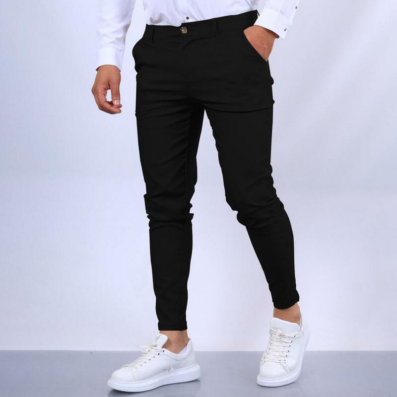 Spodnie z pierścieniem w talii styl biznesowy Slim Fit męskie spodnie z oddychającą tkaniną do kostek z kieszeniami do dojazdów do pracy