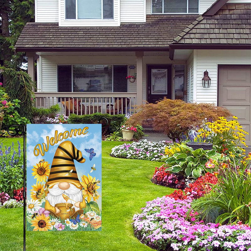 1 buah pola kurcaci labu bunga matahari lebah dengan cetak dua sisi dekorasi halaman bendera taman, tidak termasuk tiang bendera