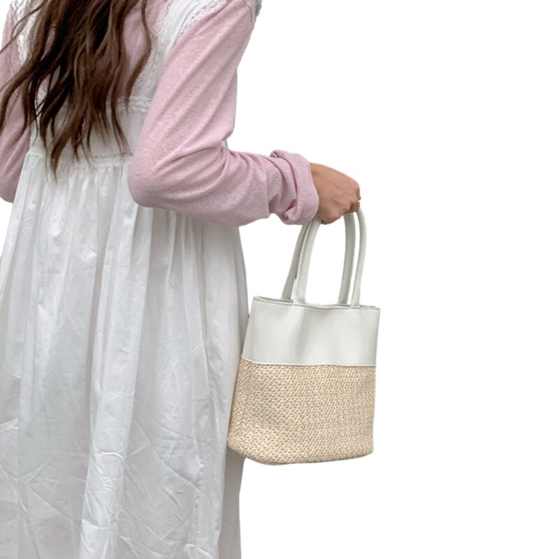 Модная сумка через плечо в стиле пэчворк с деталями из искусственной кожи. Соломенная сумка-ведро.