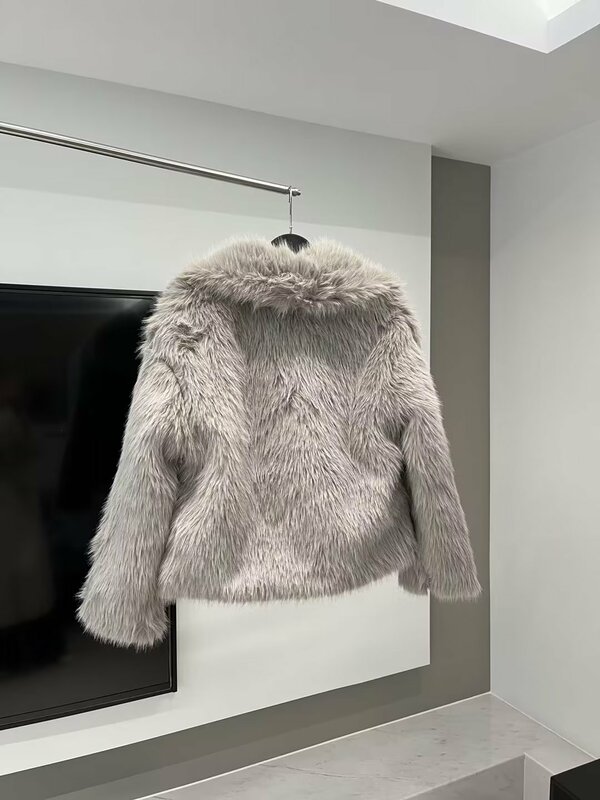 여성용 인조 모피 효과 크롭 대형 라펠 재킷 코트, 긴팔 단추 업 여성 아우터, 시크한 오버셔츠, 새로운 패션