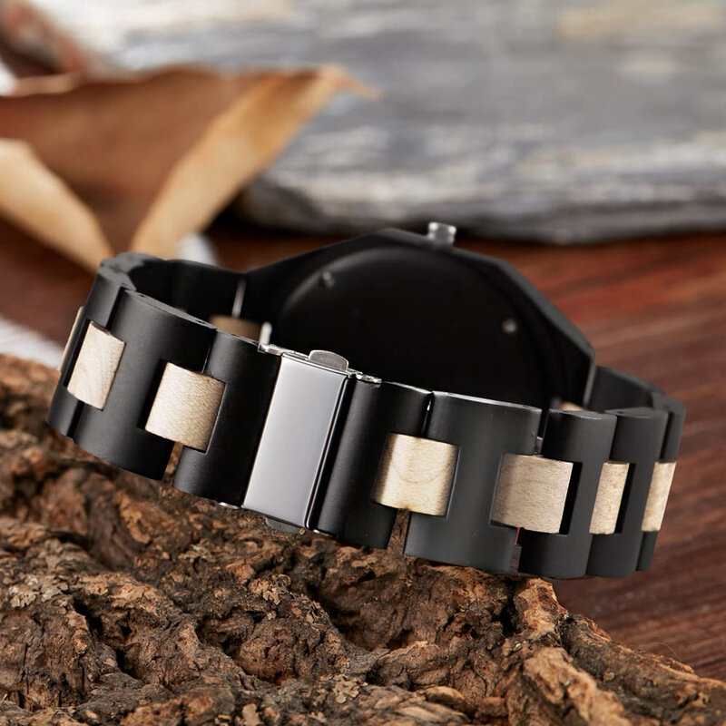FANDAO jam tangan pasangan poligonal, arloji kayu hitam dan putih, jam tangan bisnis kuarsa, gesper lipat tali arloji kayu-hitam dan putih
