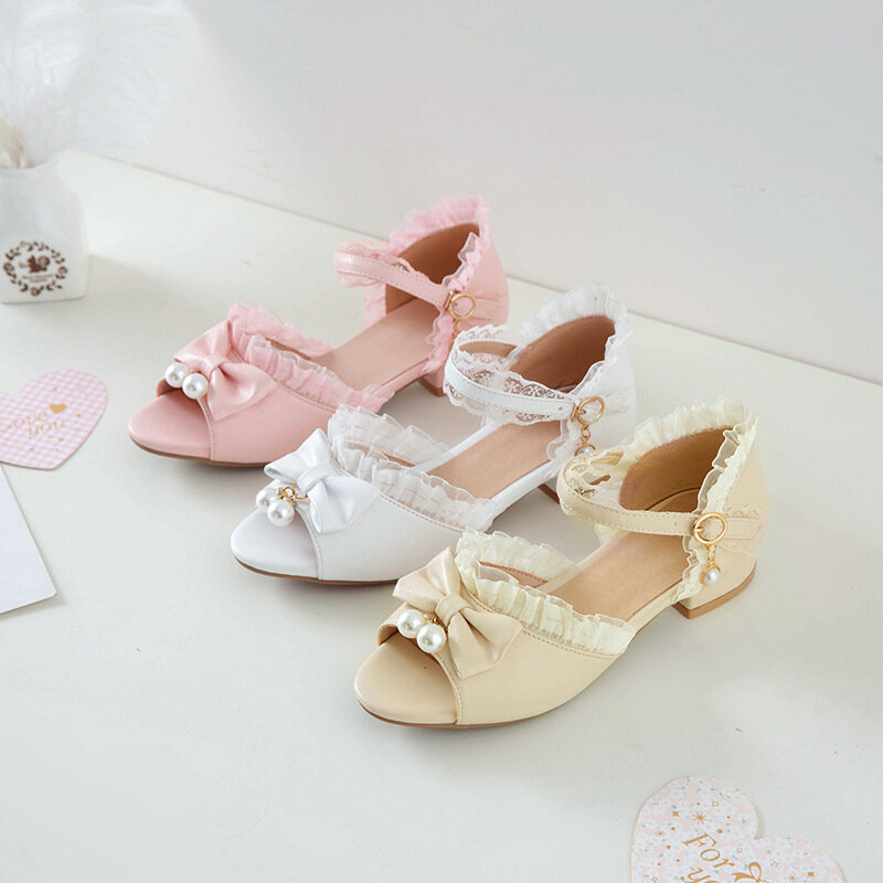 Детские босоножки принцессы, детская Свадебная обувь для девочек, женская красивая обувь на высоком каблуке с оборками и бантом, розовые, белые классические туфли для девочек 30-43