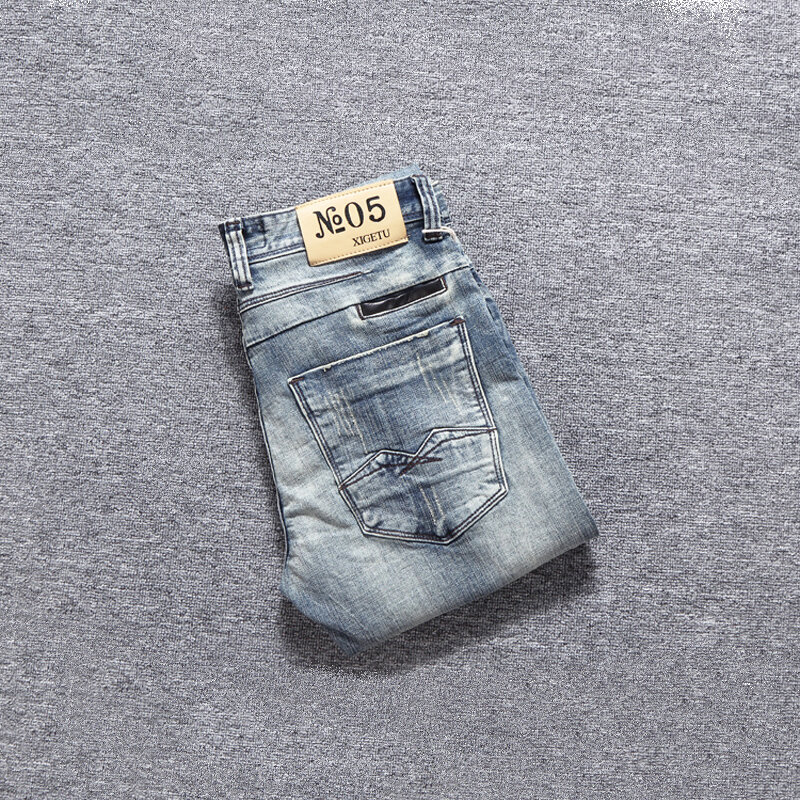 Projektant mody męskie jeansy Retro szary niebieski Slim Fit Stretch porwane jeansy męskie Patchwork Vintage elastyczne casualowe spodnie jeansowe Hombre