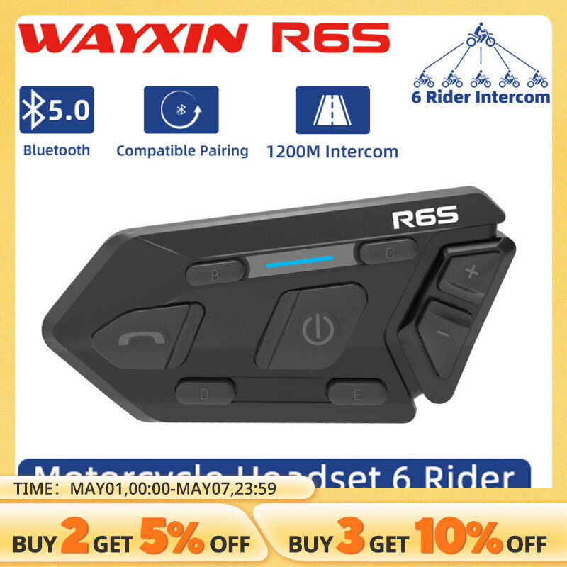 WAYXIN 6 Riders Helmet Headset Motorcycle Bluetooth Intercom Wireless Communication GPS Interphone Waterproof 1200M BT 5.0 R6S