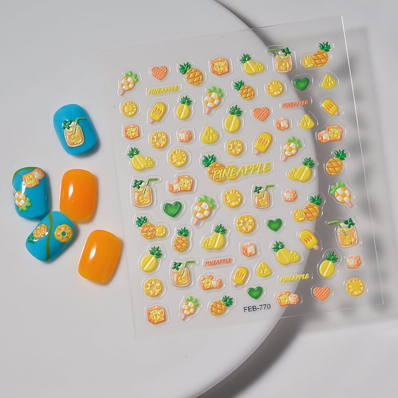 Рельефные 5D наклейки для ногтей с изображением фруктов, напитков, летних ананасов, Простые художественные наклейки «сделай сам» для маникюра, красивые наклейки для ногтей