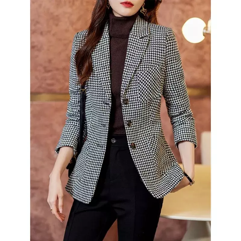 Blazer de peito único xadrez feminino, jaqueta formal com bolso, senhoras do escritório, trabalho de negócios, cinza café, feminino, outono, inverno