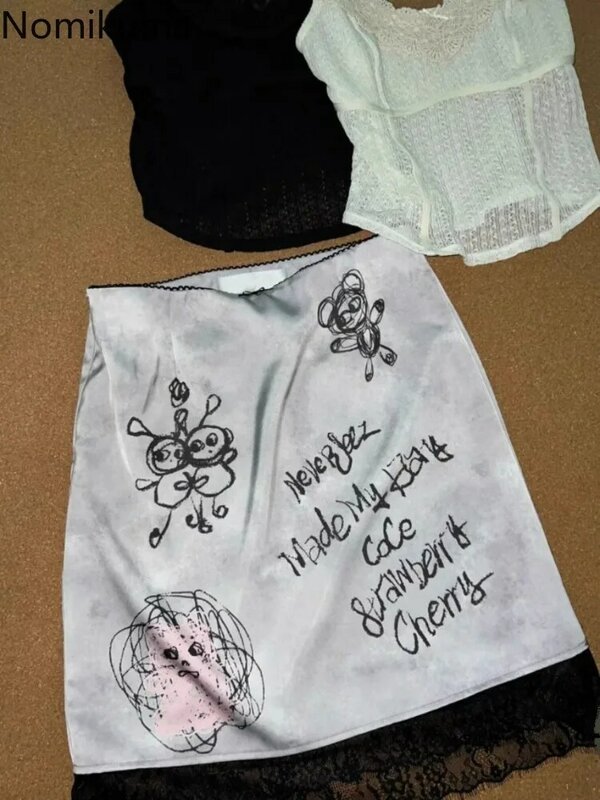 Mini-saia de renda com graffiti feminina, saias japonesas, patchwork, cintura fina, vintage, saia bodycon, verão, 2022