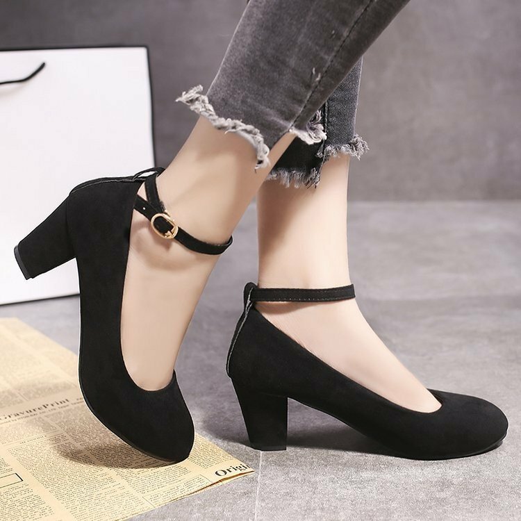 Autumn New Thick Heels Women's Black One-line Buckle Shallow Mouth Women's Single Shoes Suede Work Shoes Round Toe Square Heel