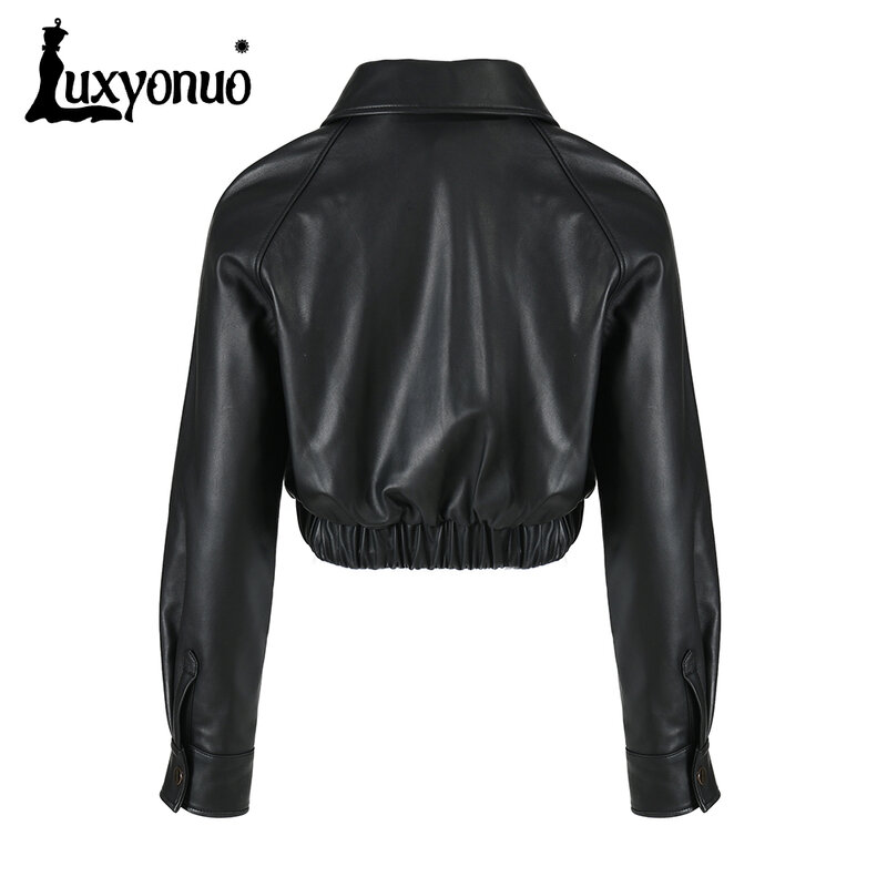 Luxyonuo Women's Real Leather Jacket Spring Fashion Turn Down Collar Gold Button Ladies Genuine Sheepskin Leather Coat Female