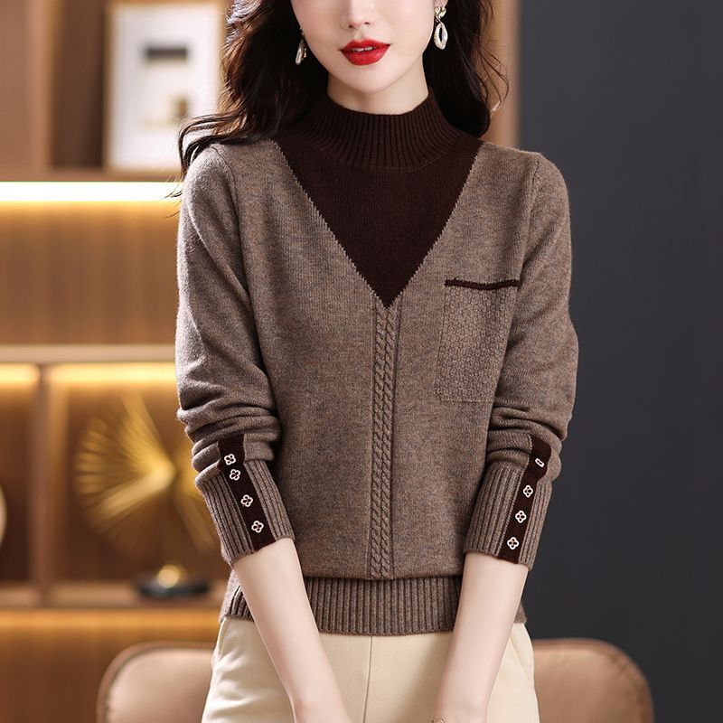 Pull boutonné épissé à col mi-haut pour femmes, pull en tricot mince, mode vintage, pull coréen élégant, automne, hiver