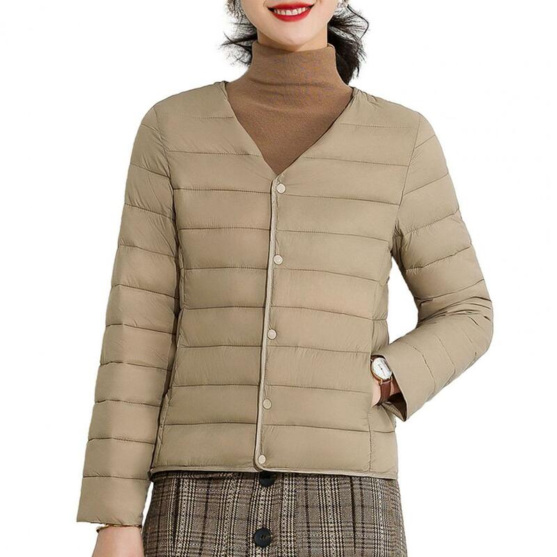 Mantel musim gugur berbantalan wanita, kardigan Single-breasted empuk, pakaian luar tebal hangat lembut tahan angin