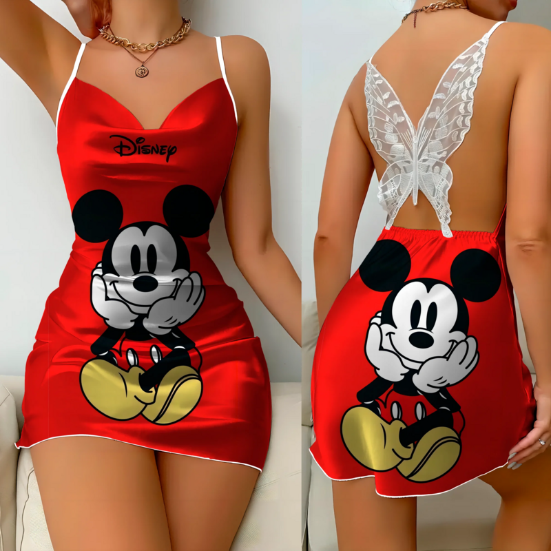 Mini vestido sem costas com nó arco para mulheres, vestidos sexy, superfície de cetim, Minnie Mouse, Mickey, saia pijama Disney, moda feminina, festa de verão, 2024