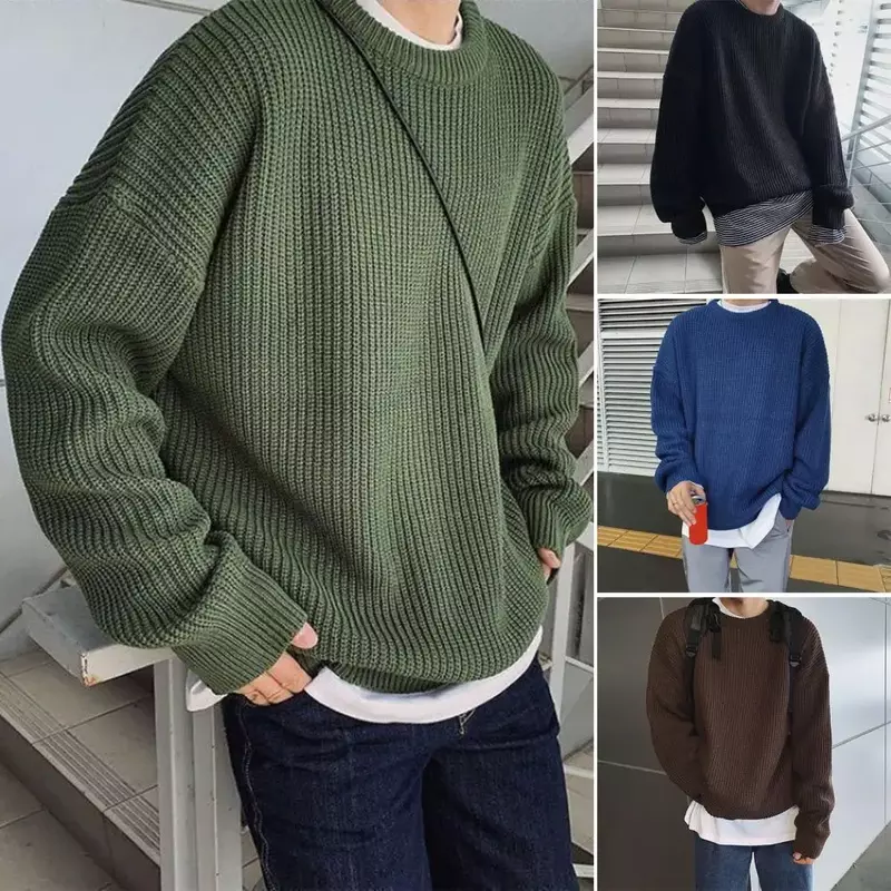Autumn Winter Sweater Men Pullover Loose Knitted Sweater Korean Style Trend Green Sweaters Jumper Hip Hop Streetwear Knitwear