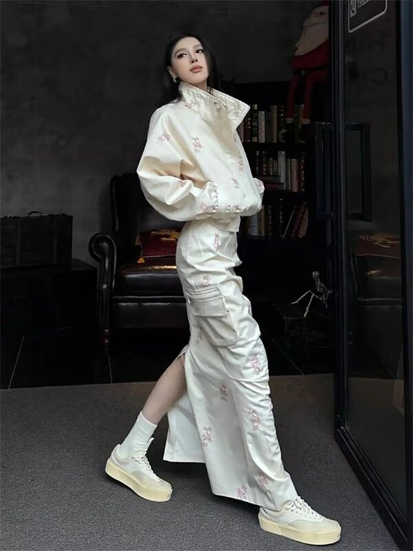 Set di 2 pezzi Casual di alta qualità stampa giacca allentata coreana cappotto corto gonna lunga a vita alta moda femminile Streetwear
