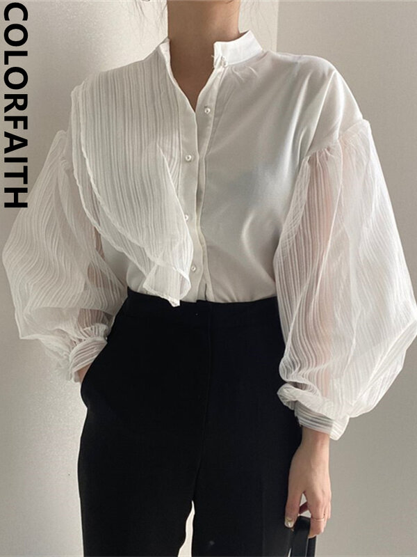 Colorfaith BL06620 Новинка 2023 Лоскутная прозрачная шифоновая корейская мода весна лето блузки шикарные рубашки ретро элегантные женские топы