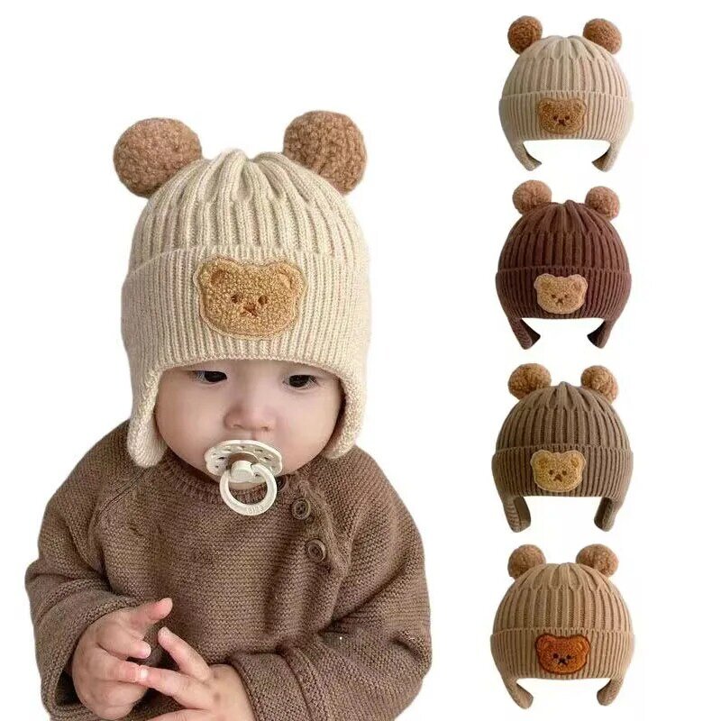 Cute Pom Bear Baby Hat 2024 autunno inverno Baby Beanie cappello di lana ragazze ragazzi cappello di protezione dell'orecchio morbido berretto ispessito