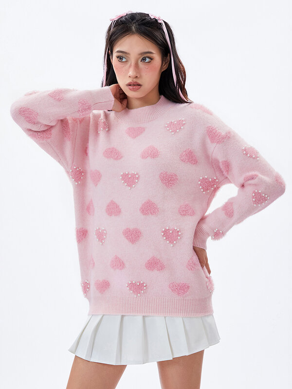 Suéter con estampado de corazón para mujer, jerséis para el Día de San Valentín, blusa de punto de manga larga con cuello redondo, sudadera suelta informal