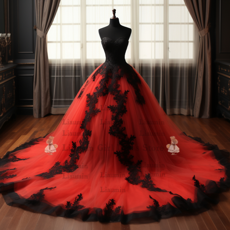 Red Tulle and Black Lace Edge Applique V Neck Ball Gown Full Length Lace Up Evening Dress Formal Occasion Elagant Clohing W3-9