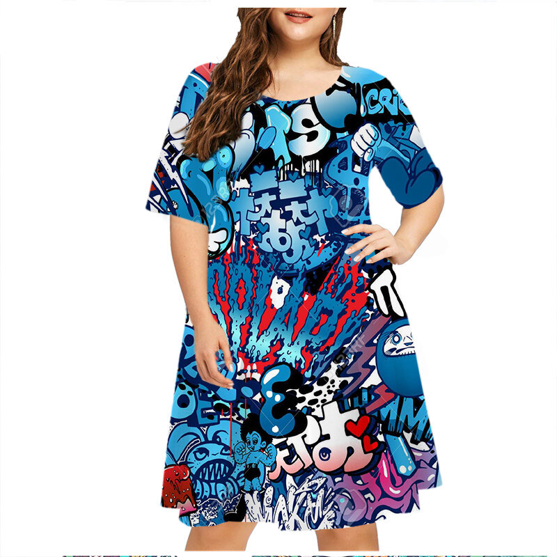 6XL Plus Size Mulheres Vestido de Verão Moda Gradiente Graffiti 3D Impressão Hip Hop Vestido Casual Manga Curta Solto Grande Vestido Vestidos