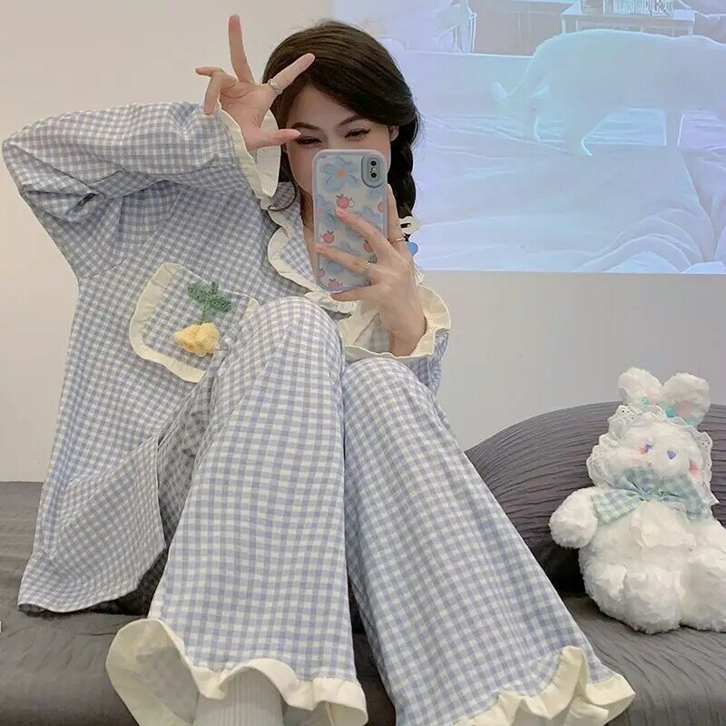 Ruffled princess style pajamas women spring autumn Korean style new long-sleeved pants sweet and cute plaid home wear set chic
