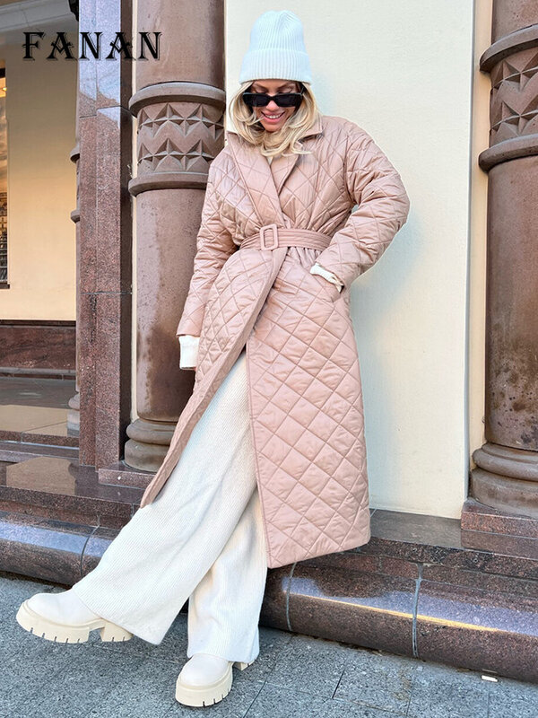Зимнее пальто для женщин, однотонная теплая длинная парка с поясом, модные элегантные пуховики с ромбовидным узором, Толстая Повседневная женская верхняя одежда, 2022