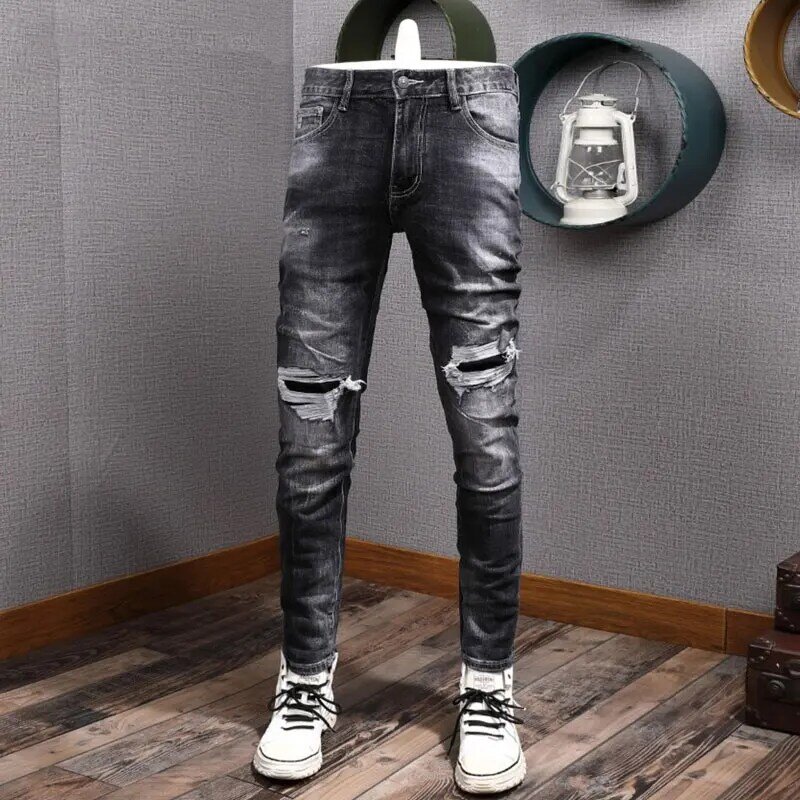Modne dżinsy męskie w stylu ulicznym Retro czarny szary rozciągliwe dopasowanie dopasowany do porwane jeansy Vintage, połatany designerski spodnie dżinsowe Hip Hop