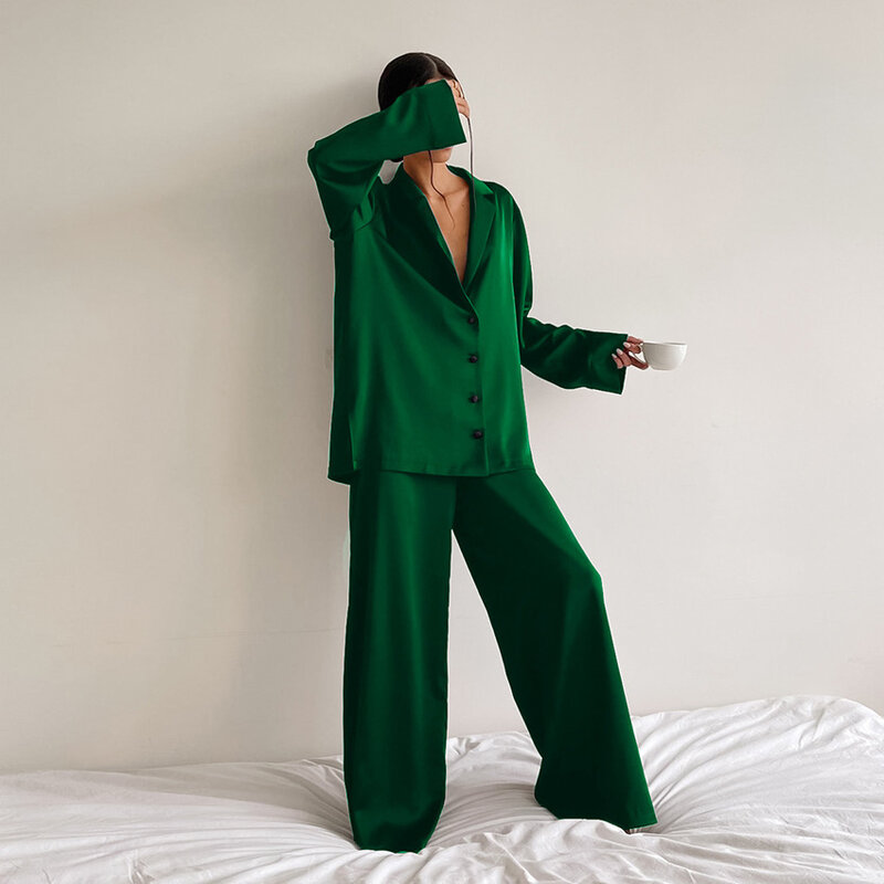Txii-بيجامات نسائية من الساتان والحرير ، ملابس نوم مثيرة ، قصة منخفضة ، أحادية الصدر ، أكمام طويلة ، بنطلون واسع الساق ، بنطلون