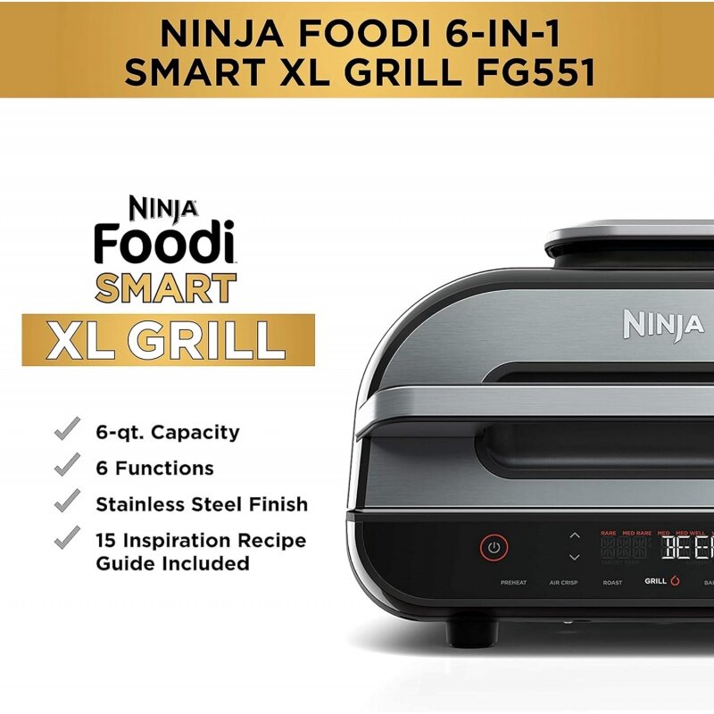Ninja FG551 Foodi Smart XL 6-in-1 griglia per interni con frittura ad aria, arrosto, cuocere, arrostire e disidratare, termometro intelligente, nero/argento