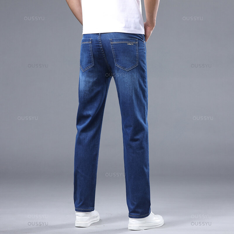 Celana Jeans katun pria, celana Denim ultra tipis klasik bisnis, celana kerja biru muda kasual ukuran besar 28-40, musim panas baru