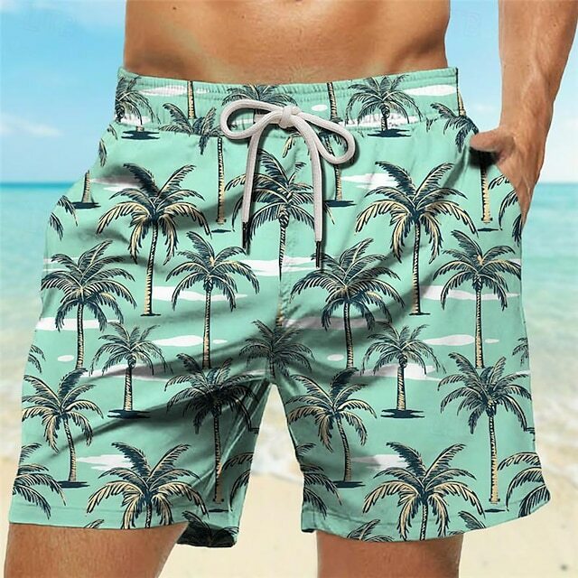 Calção de palmeira masculina estampado em 3D, estilo havaiano, confortável, respirável curto, resort de praia, bolsos, feriado