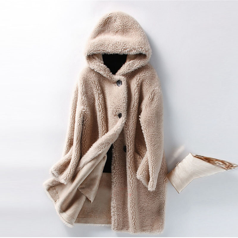 Abrigo de piel de cordero para mujer, chaqueta de corte de oveja con capucha, granulado, suelto, longitud media, cálido, coreano, invierno, nuevo