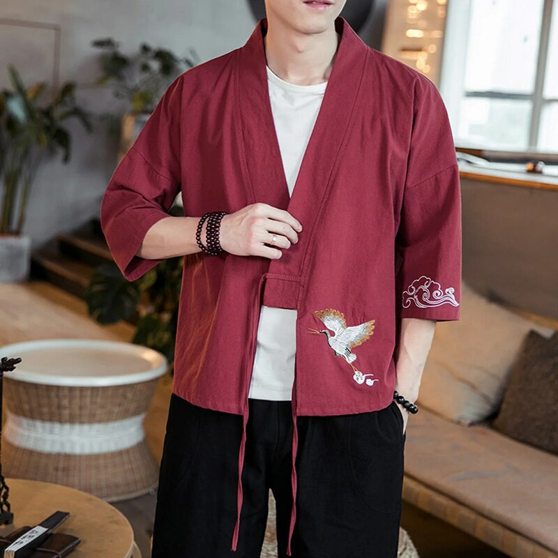 Crane Embroidery Haori Kimono Harajuku Japanese Men Samurai Yukata Asian Clothes Cardigan Women Jacket