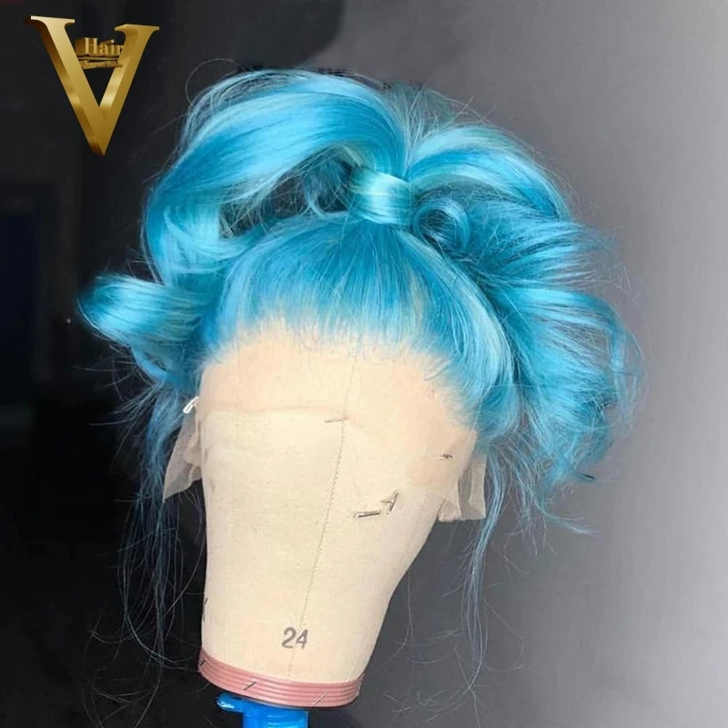 Peluca de cabello humano ondulado con encaje Frontal para mujer, pelo corto Bob, color azul claro, 13x4, brasileño (CHAJIA)